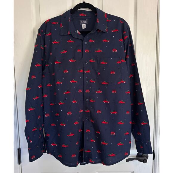 The Children's Place  Mens Dad Truck Poplin Button Up Shirt Blue Red Photo Large - Picture 1 of 4